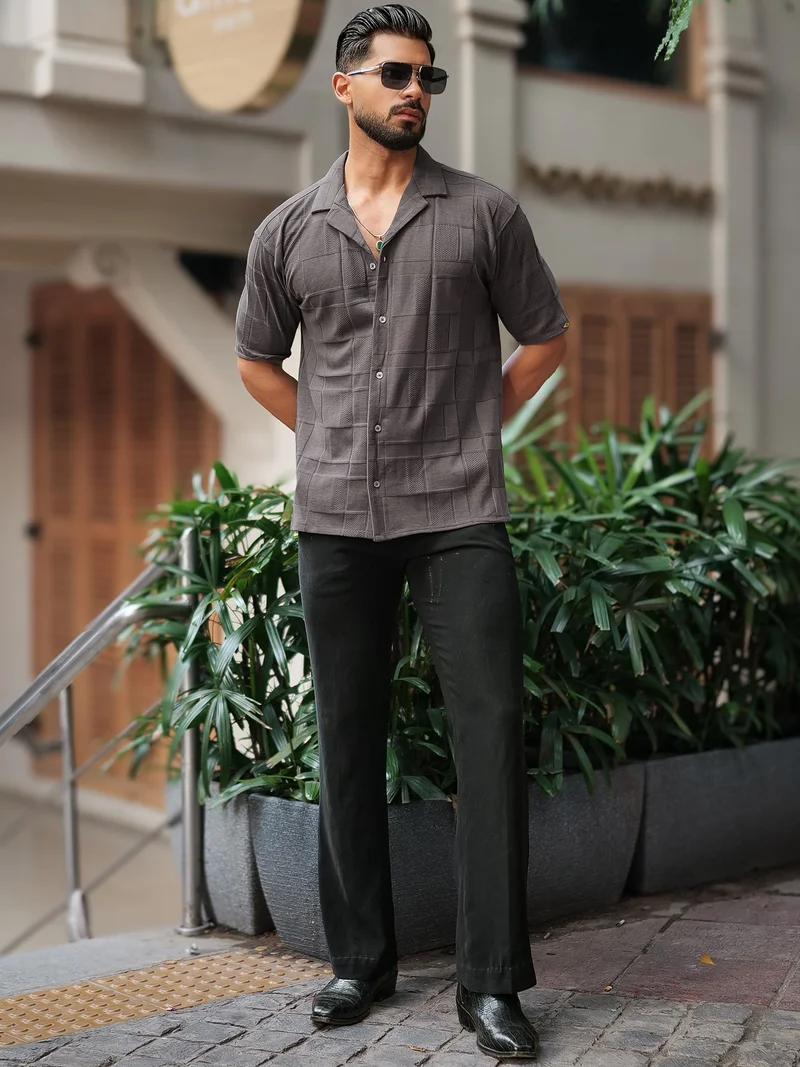 Maniac  Maniac Mens Solid Cubic Textured Knit Collared Neck Dark Grey Shirt for Men | Best Price UAE